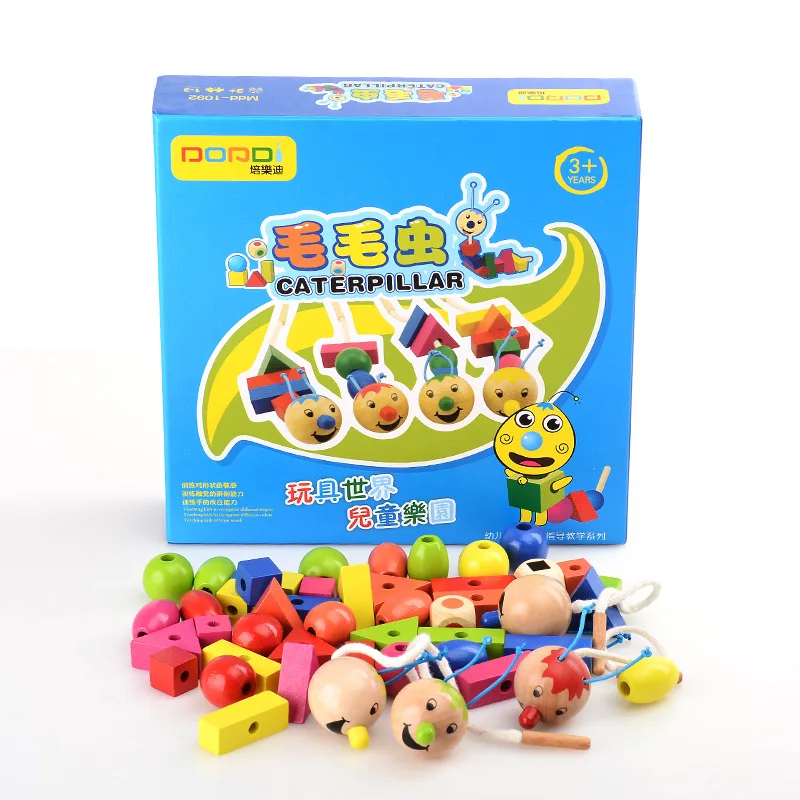 

Candice guo wooden toy wood shape color block caterpillar string beads DIY hand work game birthday christmas present gift 1set