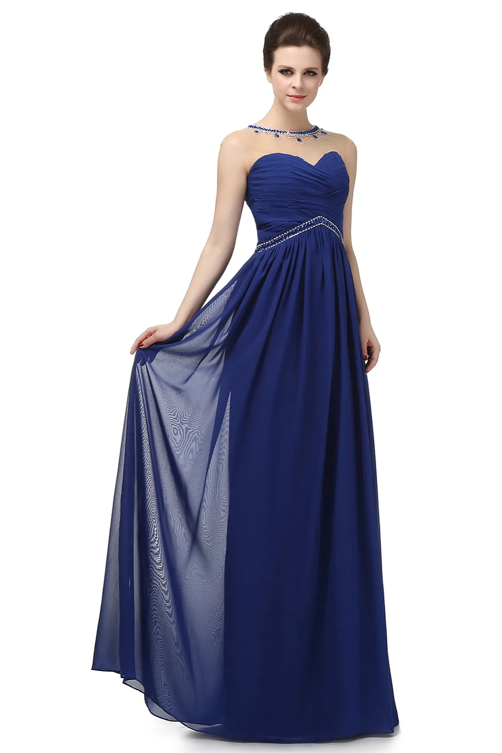 JaneVini 2018 синий длинное платье подружки невесты плюс Размеры Кристалл бисера Иллюзия женские вечерние платья шифоновое праздничное платье