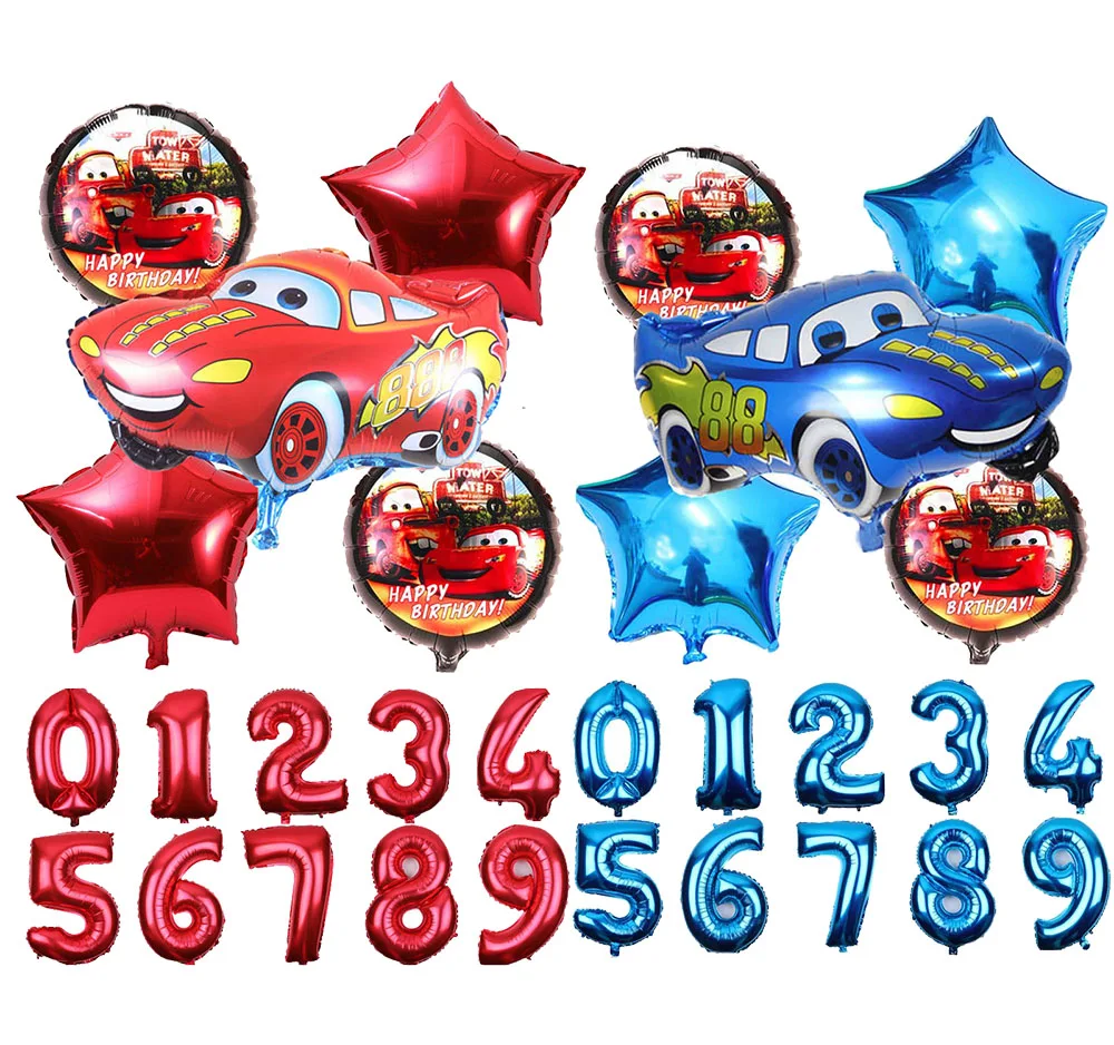 

6 Pcs Cartoon Car Foil Balloons 18 Inch Round Car Balloon Red&Blue&Black Number 1-9 Kid Toys Birthday Party Decor Jett globos
