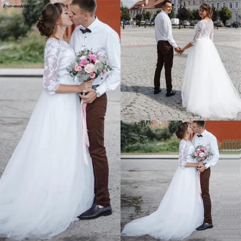 

vestido de festa longo Lace Tulle Bohemian Wedding Dresses O-Neck Half Sleeves See Through Garden Mariage Gowns Cheap