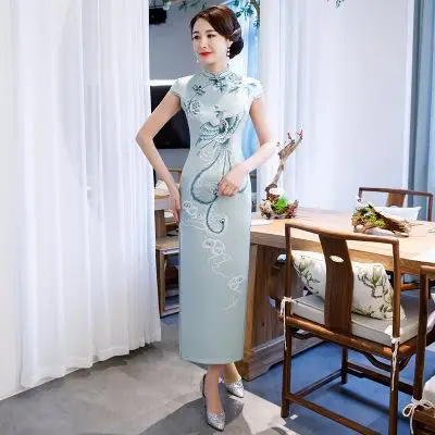 Тонкий плотный стиль леди платья для женщин женские атласные Cheongsam винтаж с цветочным принтом длинные Qipao OverSize M, L, XL 3XL 4XL S-005 Vestidso - Цвет: Зеленый
