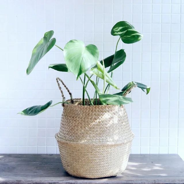 WCIC Handmade Rattan Storage Basket Foldable Seagrass Straw Hanging Woven Garden Plant Flower Pot Handle Toy Storage Container