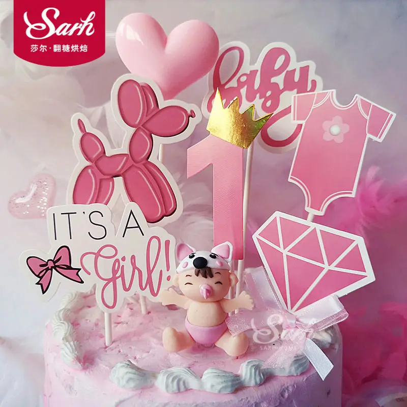 

Biling Pink Heart Cake Topper Baby Dog Diamond for Birthday Party Decoration Dessert lovely Gifts