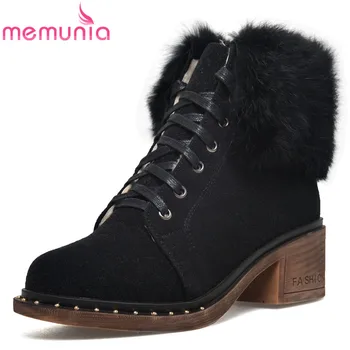 

MEMUNIA 2020 New cow leather women boots square heel lace up thick fur snow boots nubuck leather ladies winter ankle boots