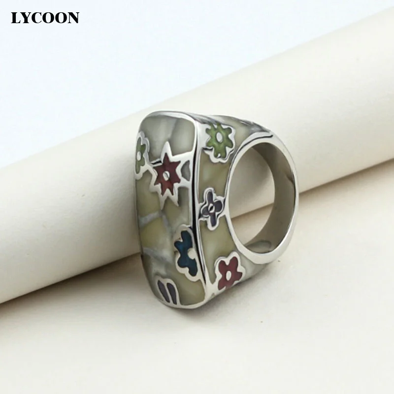 LYCOON женские летние керамические кольца высокого качества из нержавеющей стали 316L импортное эмалевое цветное серебряное кольцо с цветком из смолы