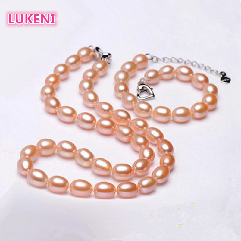

Fashion simple pearl jewelry set for women 7-9mm perfect rice-shaped natural pearl necklace + bracelet mom birthday best gift