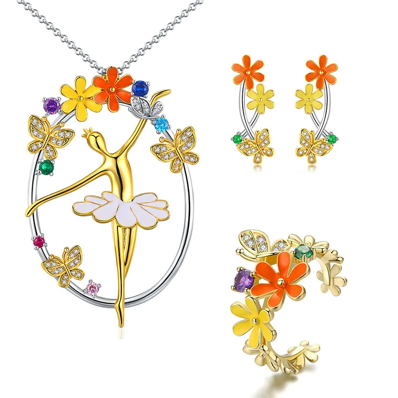 

BISAER 2019 New Intricate Cooper Colorful Red&Yellow Flower Necklace & Stud Earring & Finger Rings Jewelry Sets Gift ZH175