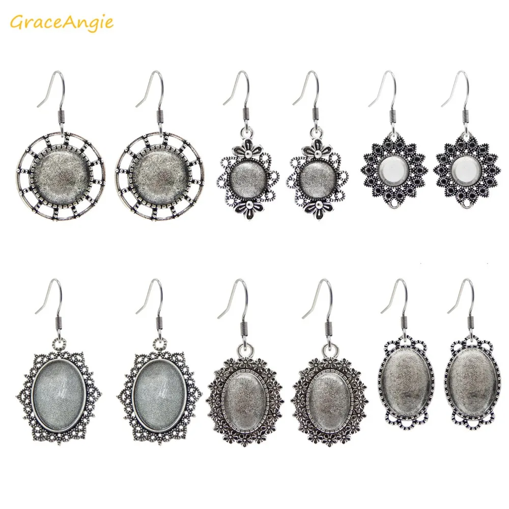 

6pairs/lot Vintage Antique Silver Alloy Oval Randomly Accessory Base Earring Hook Dangle Setting Blank Tray + Glass DIY Findings