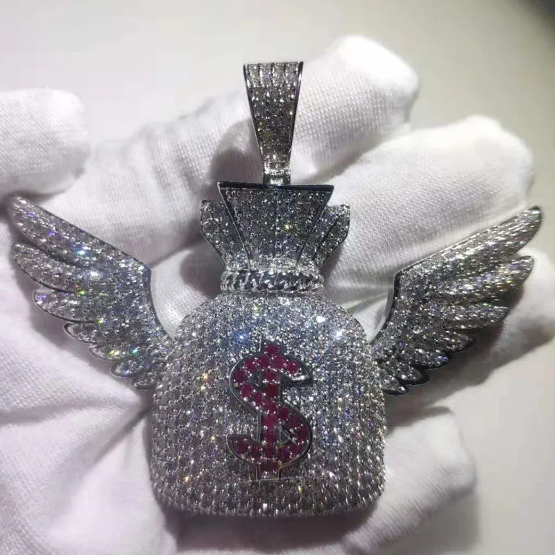 Hip Hop AAA CZ Zircon Stone Setting Bling Iced Out Angel Wing US Dollar Purse Money Bag Pendants Necklace for Men Rapper Jewelry