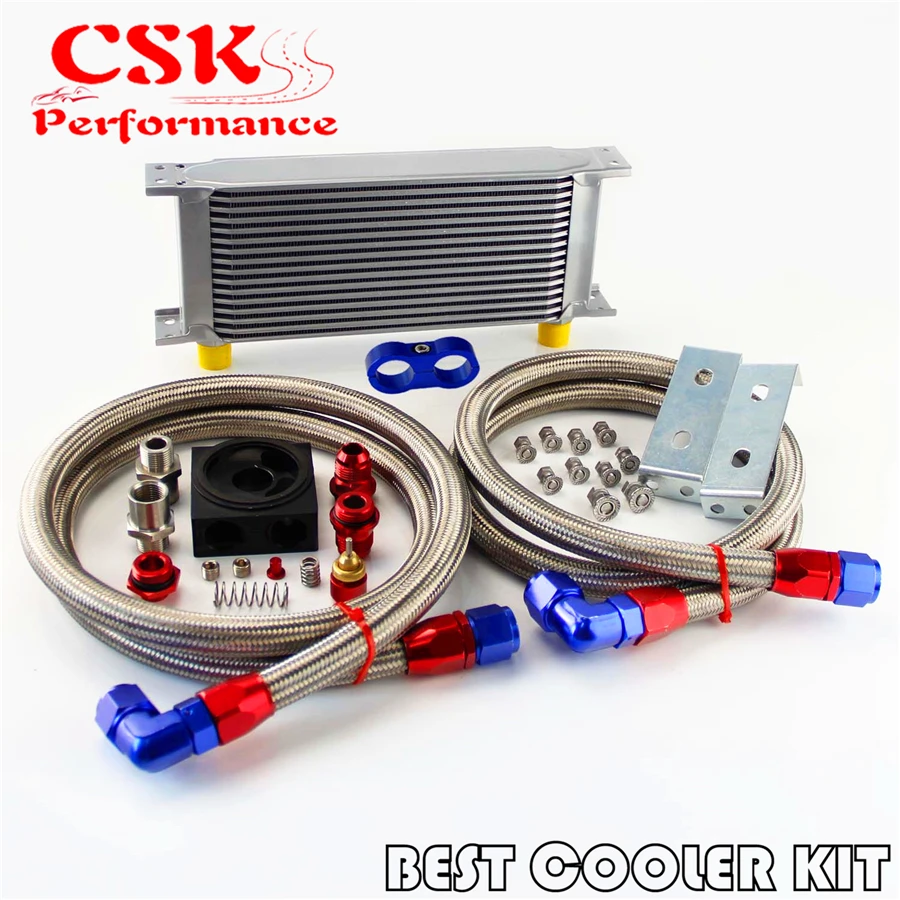 #Special Offers Universal New-style AN10 16 row oil cooler + thermostat Sandwich Plate kit for Japan car Silver