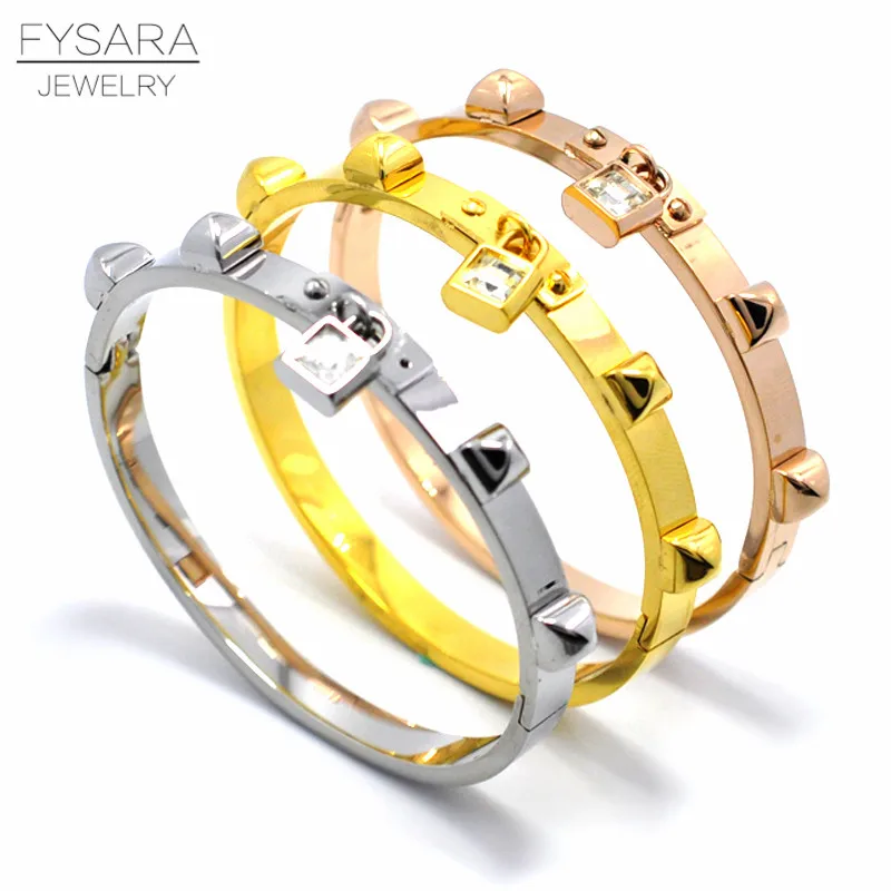 

FYSARA Fashion Jewelry Stainless Steel Rivet Bangles Pyramid CZ Crystals Lock Bracelets & Bangles Nail Bracelets for Women