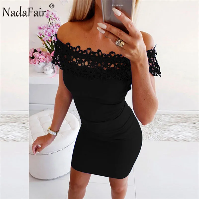 

Nadafair off shoulder women lace sexy bodycon summer dress women short sleeve solid wrap mini wrap club party dress black