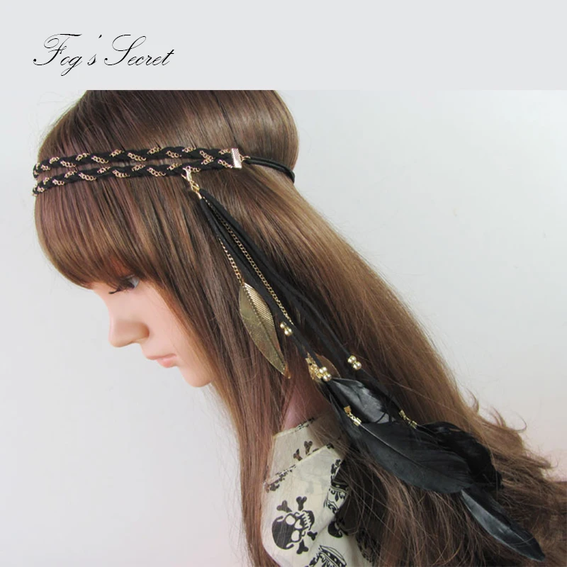 

Colorful Feather Headband Metal Leaf pendant elasticity hairband Double chain braided head Beach Party Show