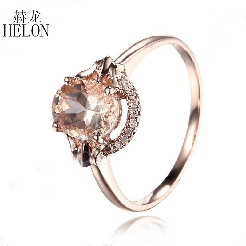

HELON Diamonds Ring For Women Romantic Solid 14k Rose Gold Flawless Oval 1.3CT Morganite Engagement Ring Exquisite Fine Jewelry