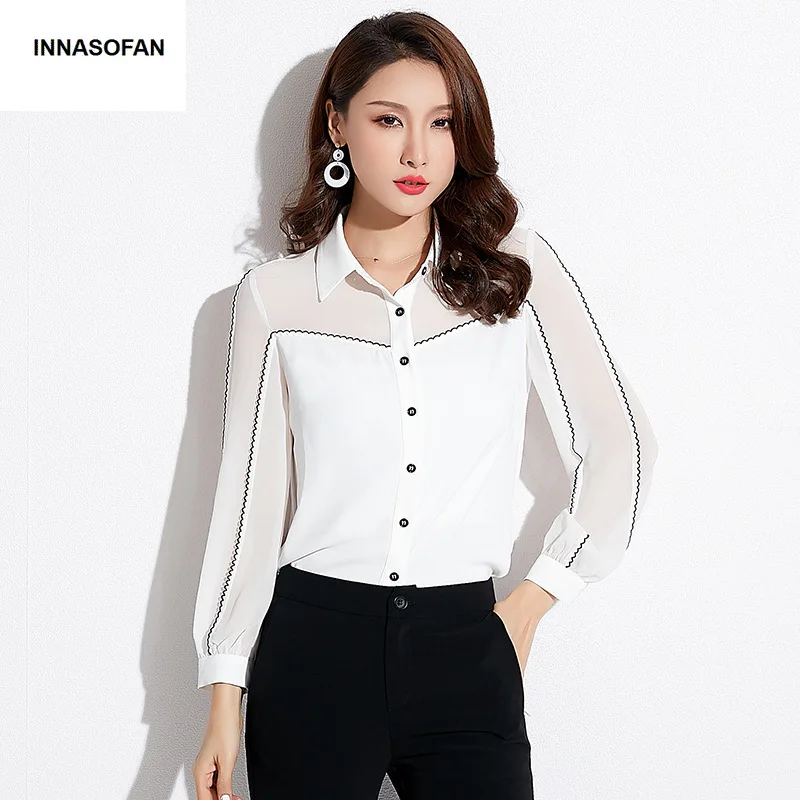 

INNASOFAN OL Women's shirt Spring-summer chiffon blouse Euro-American fashionable shirt with turn-down collar and lantern sleeve