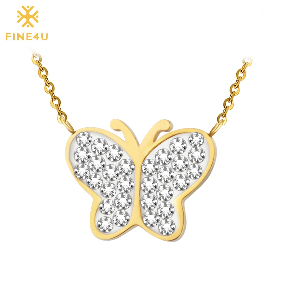 

FINE4U N070 Zircons Butterfly Pendant Necklace For Women 316L Stainless Steel Chain Necklaces Valentine's Jewelry