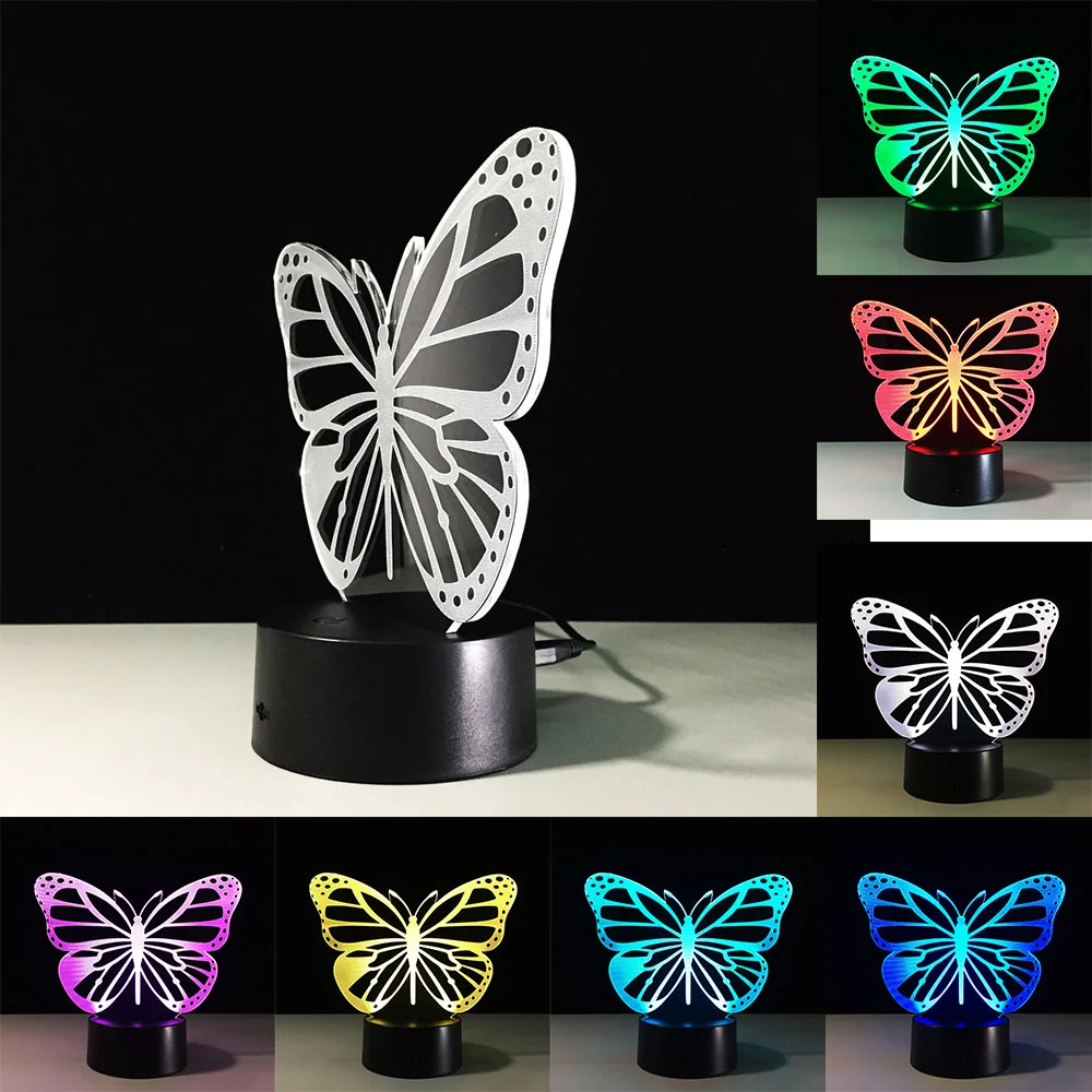 

3D Night Light Animal Cat Butterfly Changeable Mood Lamp LED 7 Color Illusion Table Lamp For Home Decor with Remote Touch Switch