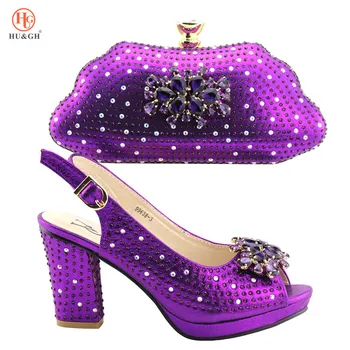 

2019 New Design Purple Italian Shoes and Bag Set Decorated with Rhinestone Shoe and Matching Bag for Nigeria Party African Shoes