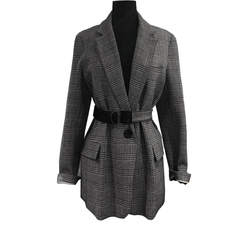 Женская верхняя одежда, Серый блейзер в клетку, на одной пуговице, зубчатый, обычная длина, карманы, длинный рукав, пояс, корейский, для офиса, для леди, зима