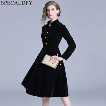 

2020 Autumn Winter Dress Women Black Velvet Dresses Runway Long Sleeve Stand Neck Button Pockets Party Dresses Robe Femme