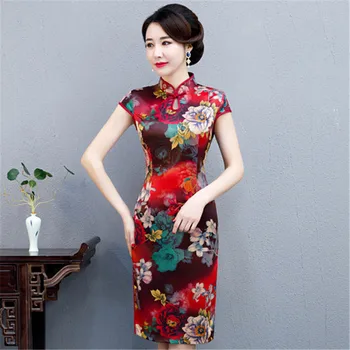 

Elegant Burgundy Satin Print Flower Cheongsam Vintage Chinese Style Women Formal Mandarin Collar Short Dress Sexy Vestidos