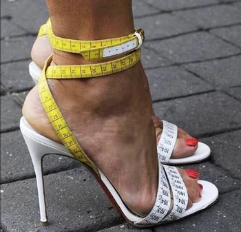 

2019 New Fashion Designer Measuring Tape High Heel Sandal Woman Sexy Peep Toe Ankle Strap Thin Heels Shoe Summer Sandal