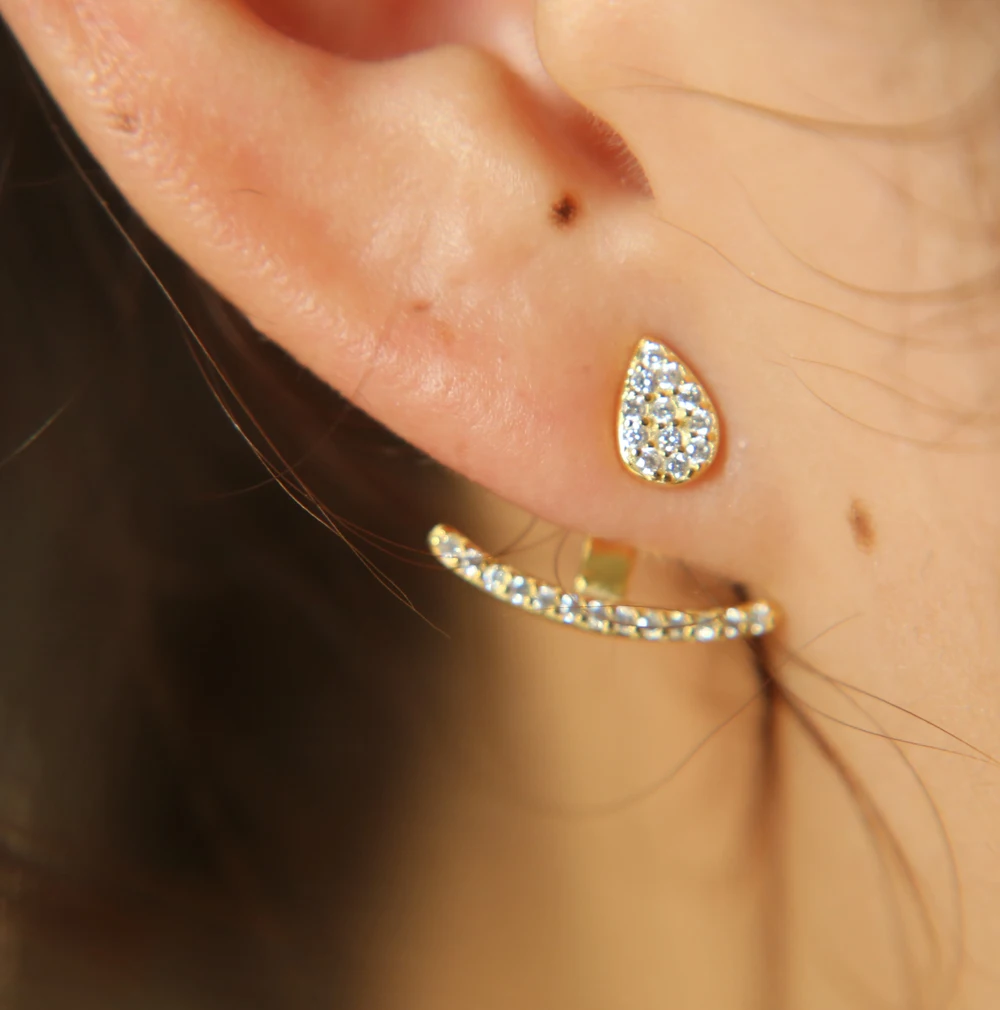 Free Shipping high polished genuine 925 sterling silver 3 colors tiny tear drop stud micro pave cz bar front back cute earring