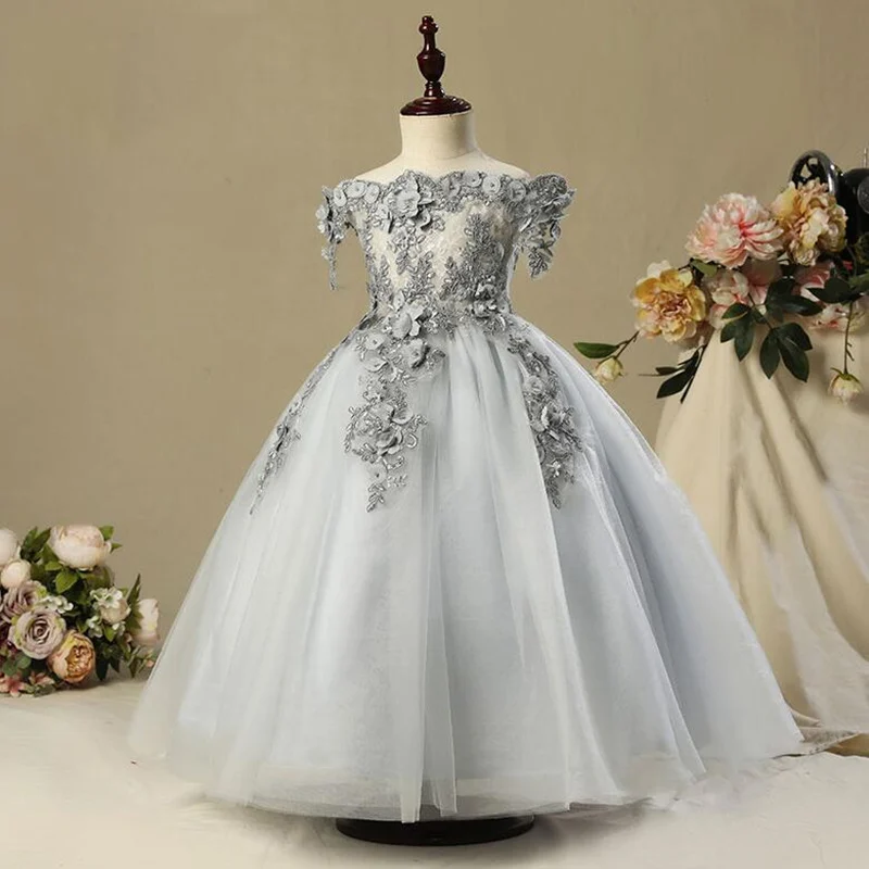 Пышное Платье для девочки с цветочным узором для первого причастия, детское праздничное фатиновое платье для свадьбы, дня рождения, кружевное платье с аппликацией и лепестками