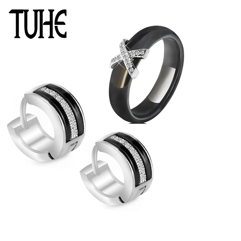 Fashion Women Jewelry Set Crystal X 6MM Ceramic Ring And U Shaped Round Earrings For Lady Girl Black White Color Wedding Jewelry Fashion Women Jewelry Set Crystal X 6MM Ceramic Ring And U Shaped Round Earrings For Lady Girl Black White Color Wedding Jewelry
