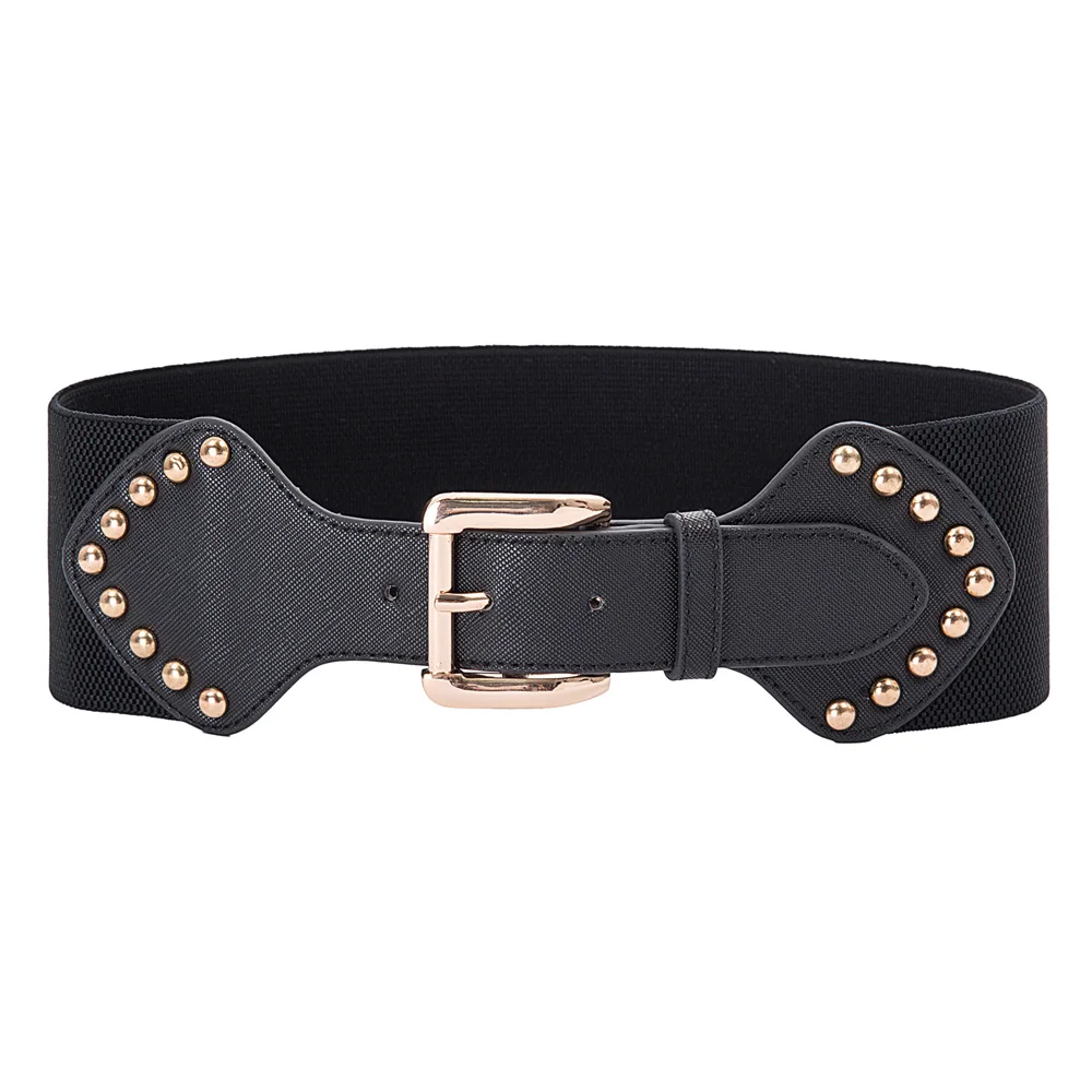 Black Studs Женские ремни в стиле ретро, женская одежда 7,5 см, классический дизайн, однотонная элегантная Пряжка, эластичный пояс с эластичной резинкой на талии, вечерние свадебный пояс - Цвет: Black Studs