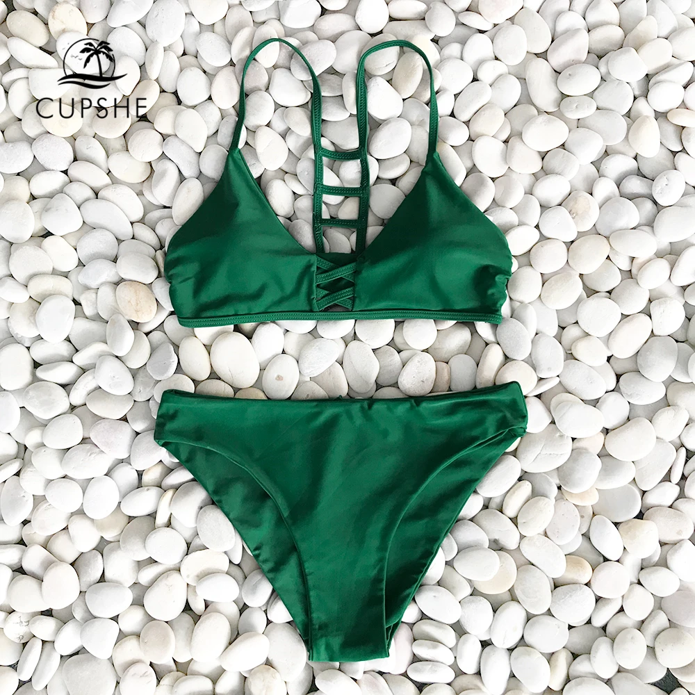 Billig Cupshe Grün Solide Bikini Set Frauen Push Up Cut Out Plain Zwei Stücke Bademode 2020 Strand Strappy Sexy Badeanzug badeanzüge