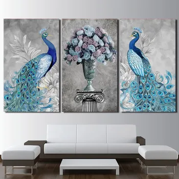 

3 Pieces Peacock Couple looked Over The Vase Classic Animal Canvas Painting Pictures Wall Art Oil HD Print Painting