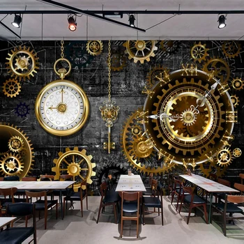 

3D Wallpaper Gold Gear Watch Mural Retro Restaurant Cafe Bar Background Wall Paper Creative Art Decor Wall Painting 3D Wallpaper