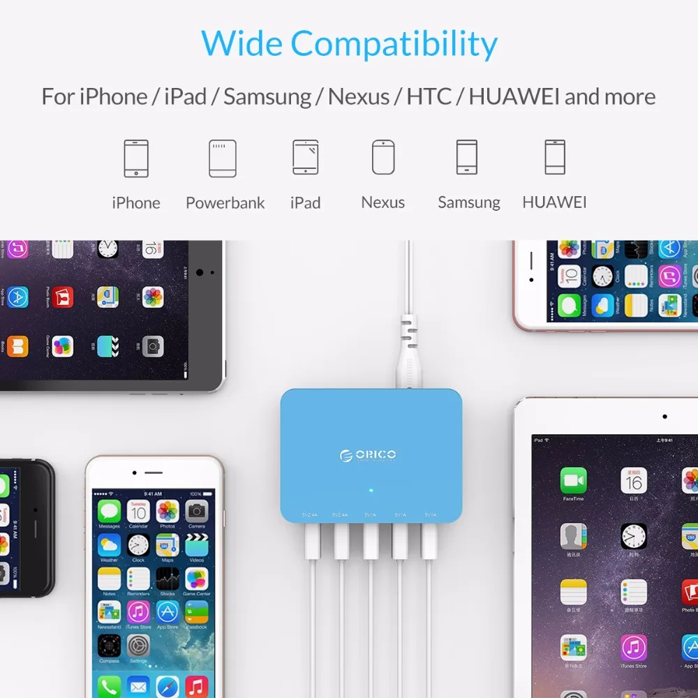 ORICO 5 Port USB Charger Smart Charger Desktop Charger with Power Adapter for iPhone Samsung Xiaomi Huawei USB Charging (5)