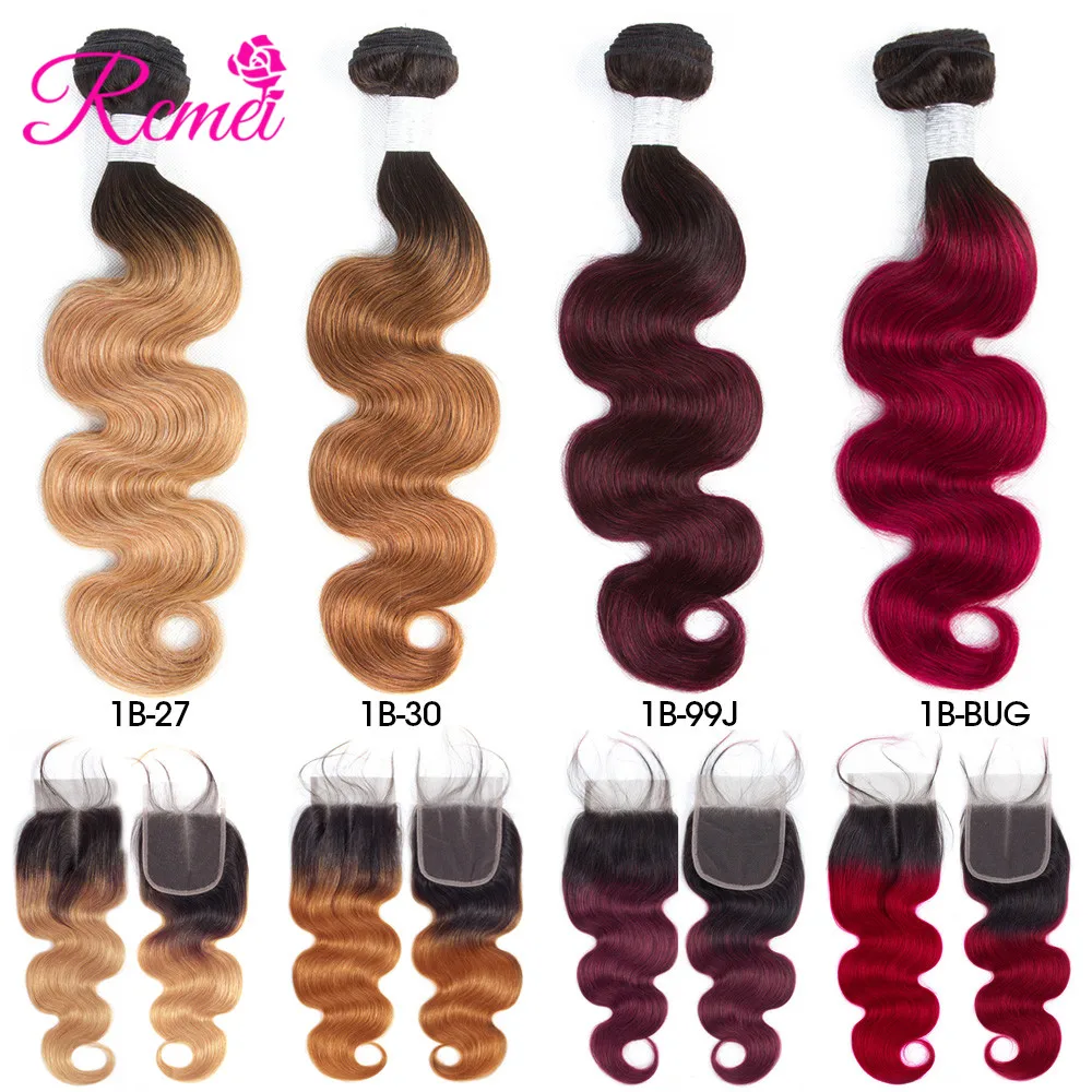 Body Wave Ombre Hair Bundles With Closure 1B27 1B30 1B99J 1BBURGUNDY