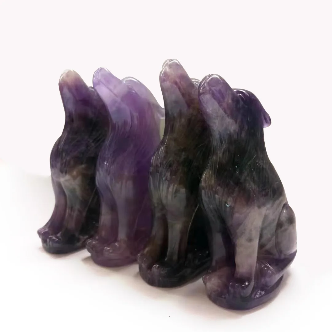 2 дюйма натуральный камень, фиолетовый резной кристалл художественная статуя животного скульптура мечта аметист волк