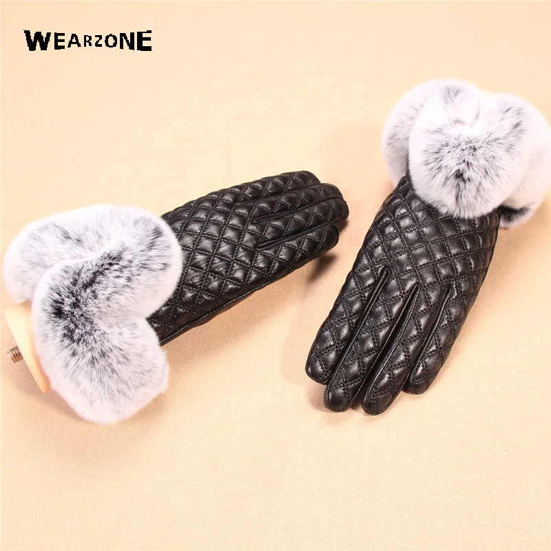

Winter black sheepskin Diamond Lattice Mittens Leather Gloves For Women Rabbit Fur Sheepskin Gloves Warm Female Driving Gloves