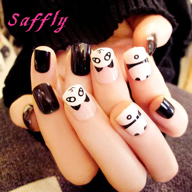 Saffly Blake and white Fake Nail 24pcs simple Chic Cute panda printing Nail Tips square head