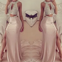 Sexy Halter Zwei Lange Abendkleider Seitenschlitz Mermaid Sweep Abendkleid mit Gefrieste 2017 Party Kleid Abendkleider