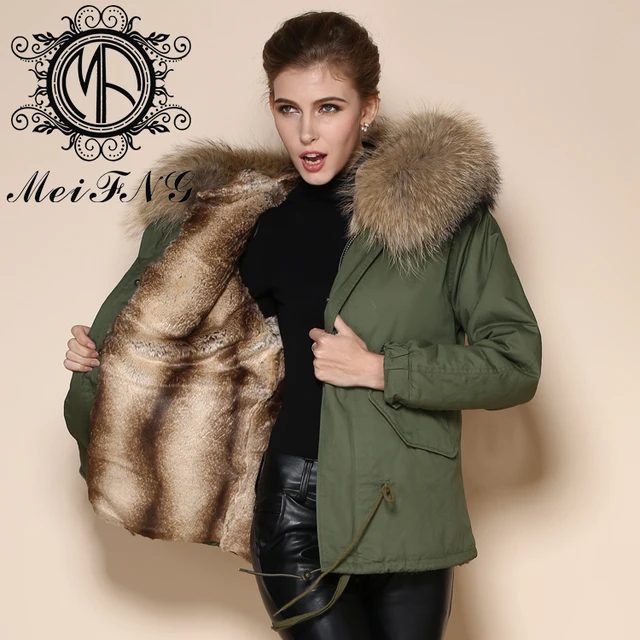 Fashion short cotton parka with faux fur lined new design army green