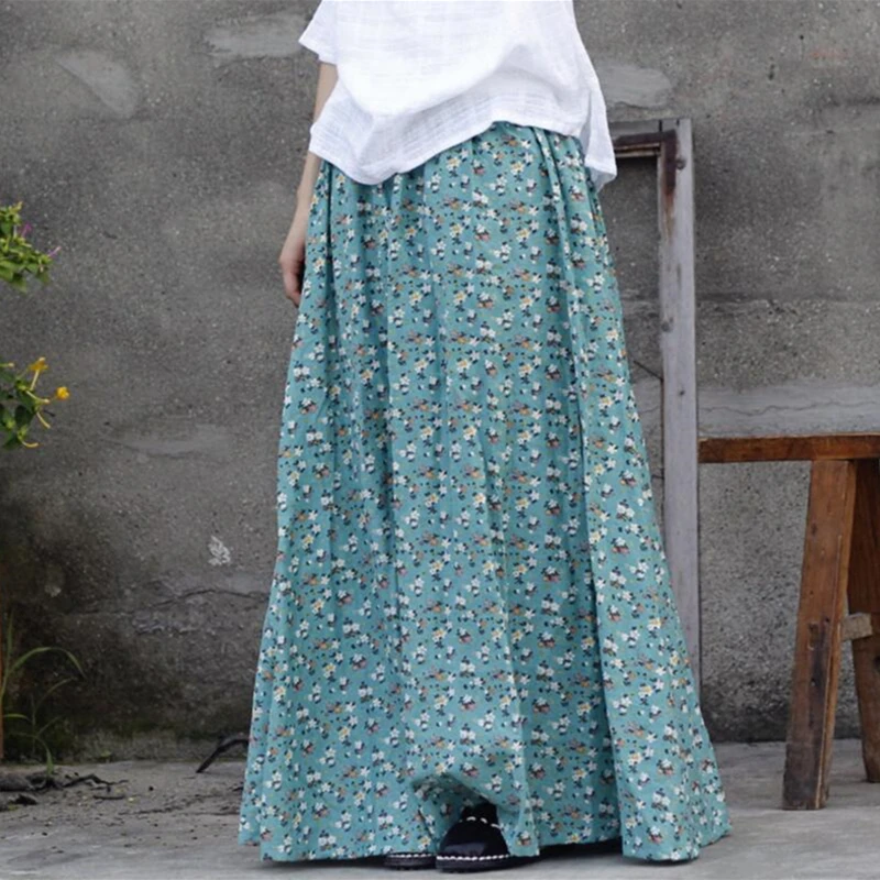 

Johnature 2019 Women New Original Cotton Flower Printed Pleated Floor-Length Casual Long Skirt Plus Size Cotton Linen Skirt