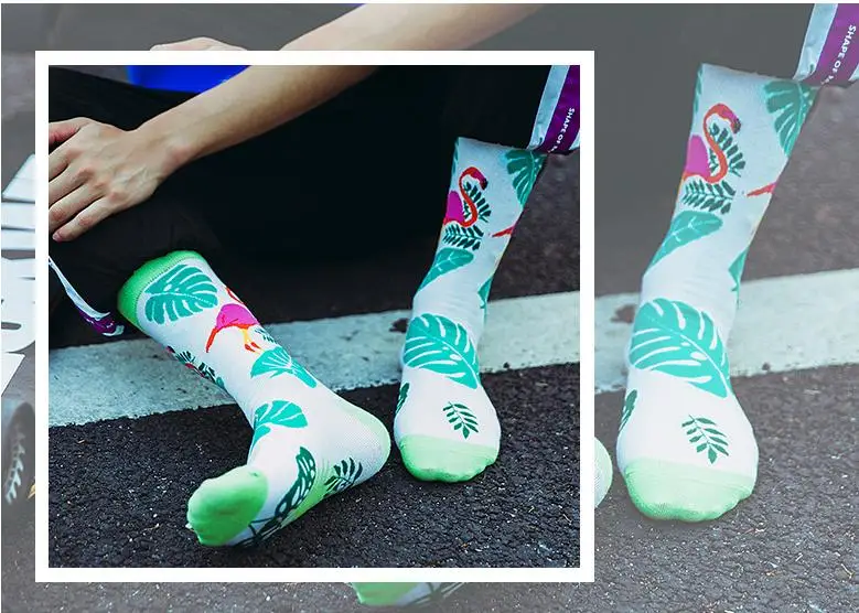 Новинка, хлопковые мужские спортивные носки с рисунком в виде листьев, повседневные носки унисекс в стиле хип-хоп с изображением фламинго, Длинные цветные носки