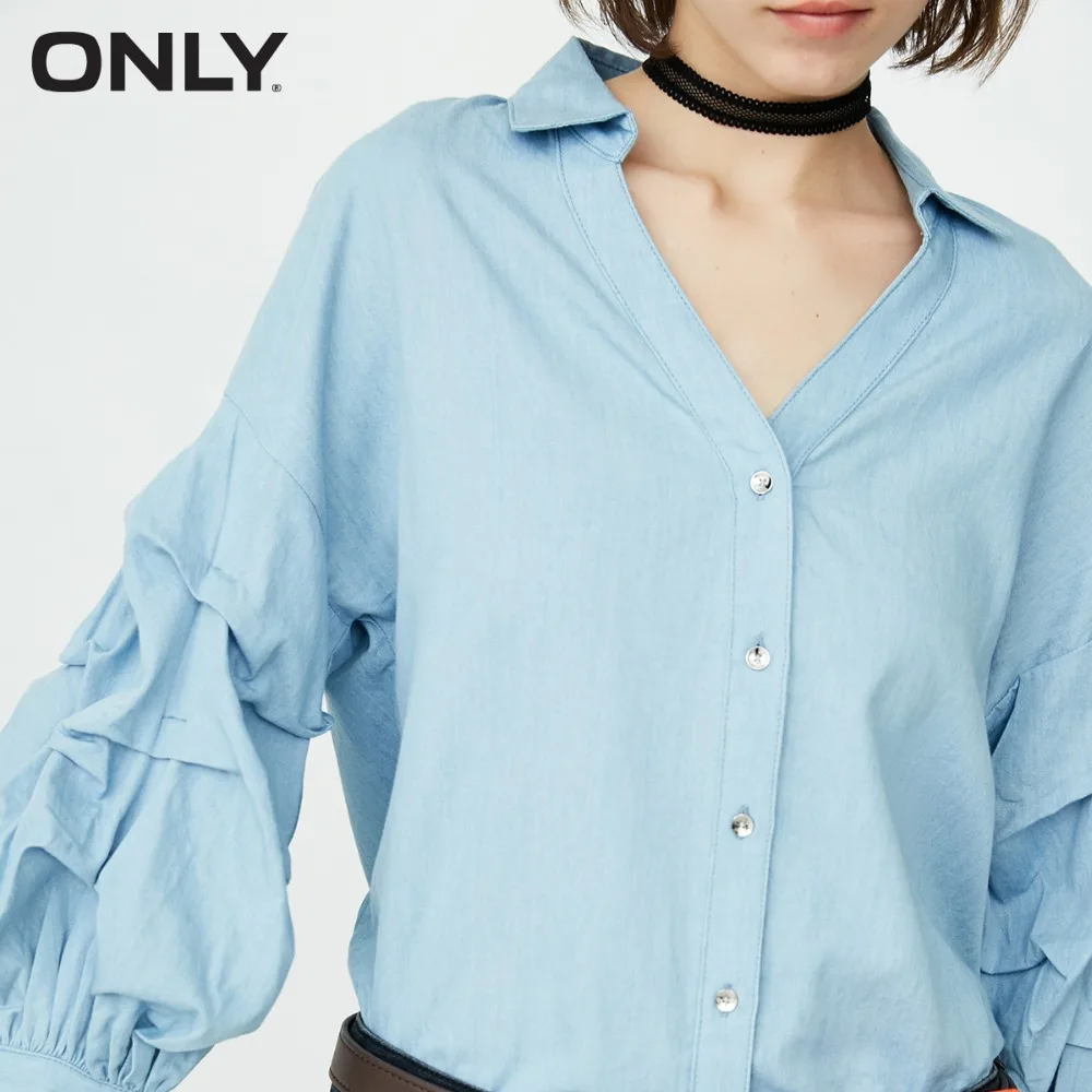 فقط المرأة ربيع جديد فضفاض مطوي الخامس الرقبة قميص دينيم | 118253505