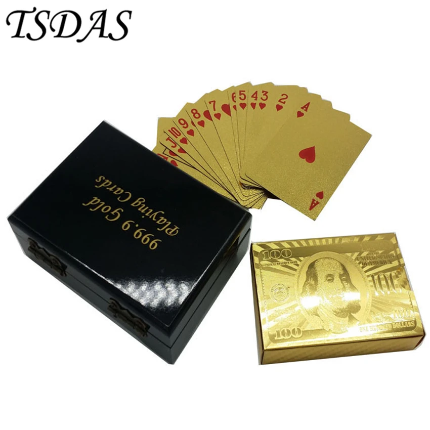 (100 USD الذهبي بطاقات + خشبي مربع + شهادة بطاقة) 24 K الذهب أوراق اللعب الترفيه ألعاب الطاولة