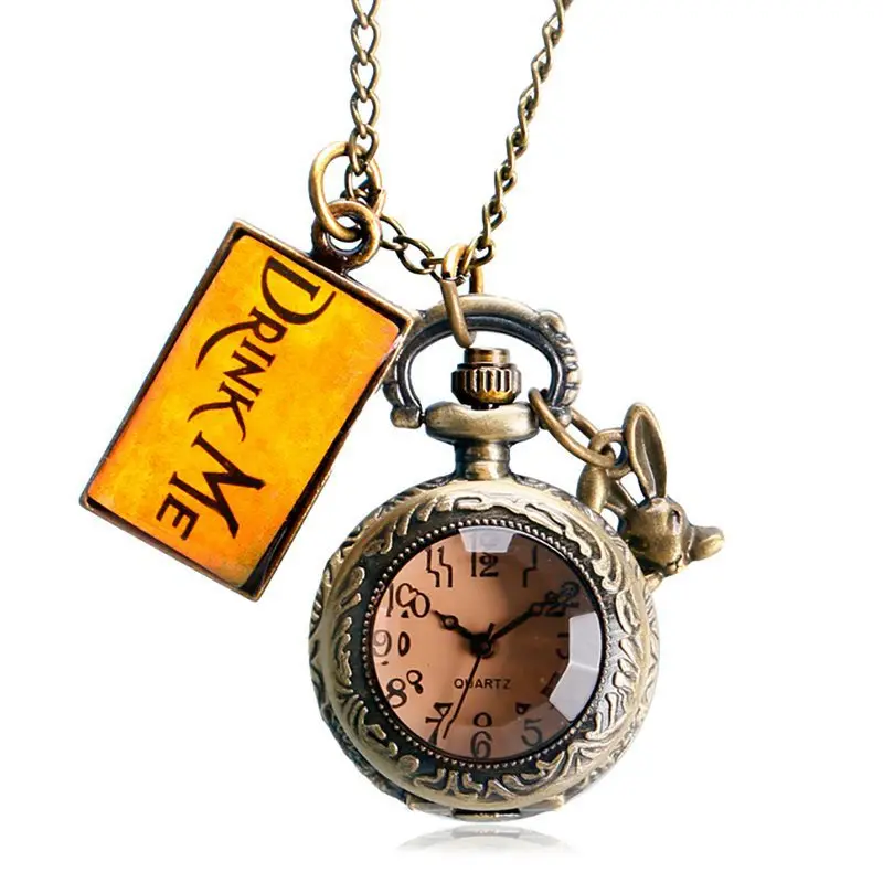 Alice in Wonderland Mad Hatter Rabbit Drink Me Tag Quartz Pocket Watch Dark Brown Glass Necklace Pendant Gifts for Women Girls 2019 2020 2021 2022 (2)