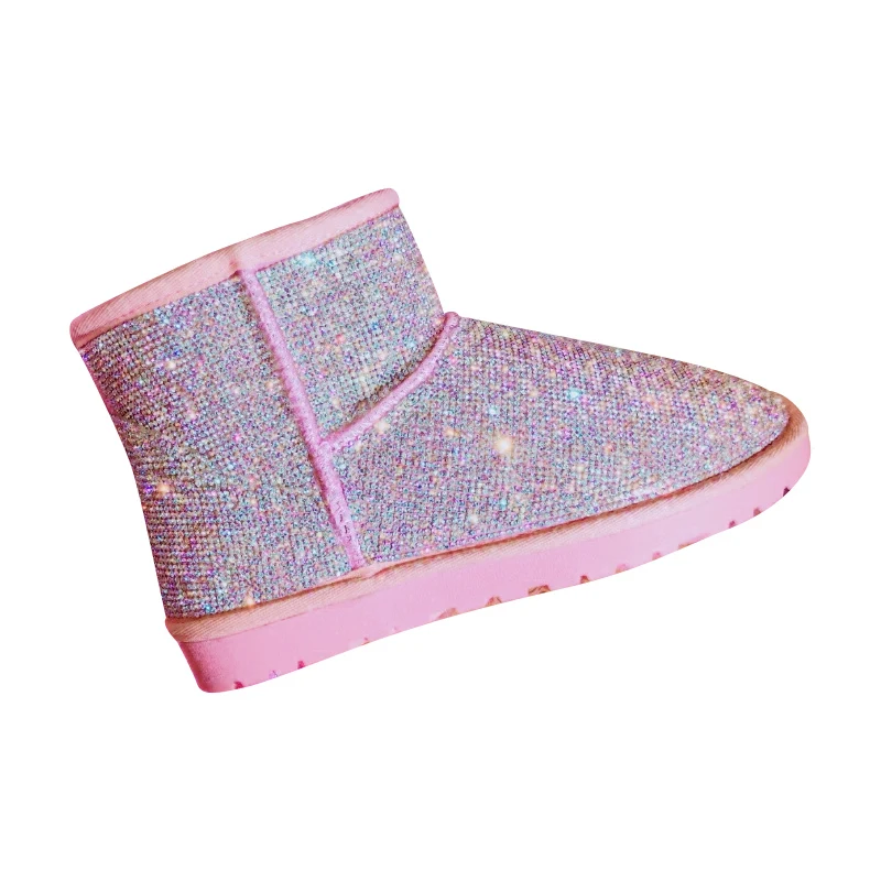 

Bling Crystals Women Warm Fur Snow Boots 2018 Handmade Shiny Rhinestones AB Diamonds Cow Suede Flat Ankle Boots Winter Shoes