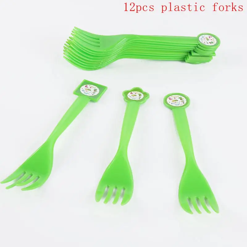 12pcs plastic forks Вечерние одноразовые столовые приборы в виде динозавра, бумажные стаканы, салфетки, баннер, скатерть, топпер для торта, детские украшения на день рождения - Цвет: 12pcs plastic forks