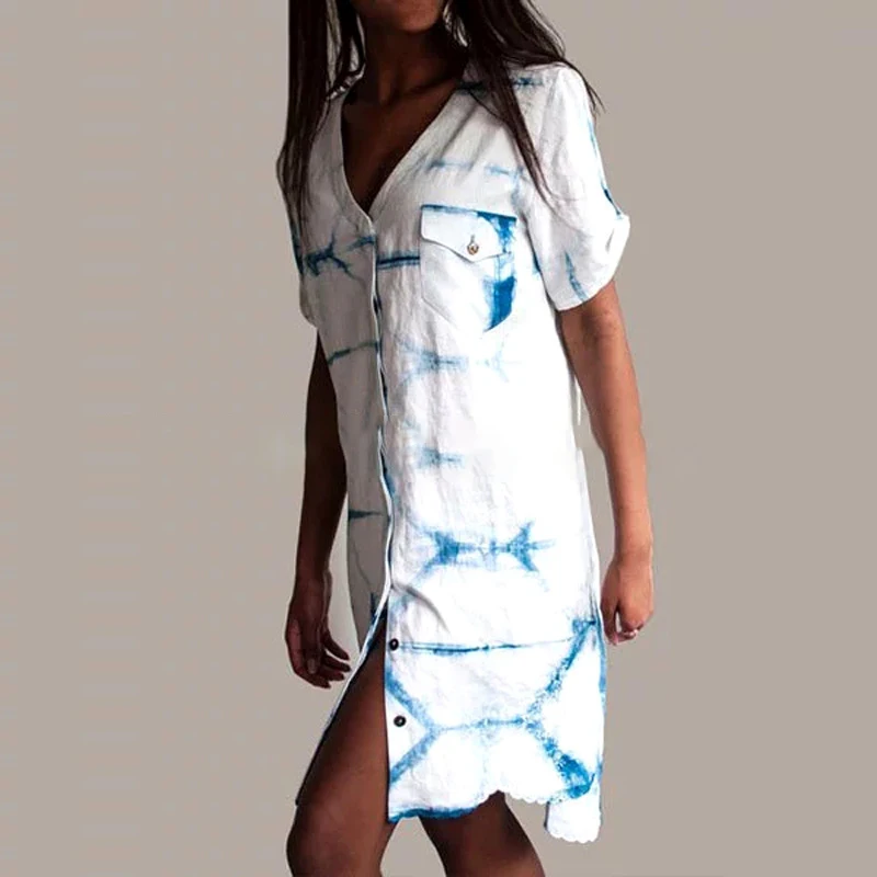 

Summer Short Sleeve V-neck Dress Women Casual Button Sun Holiday Dress Plus Size
