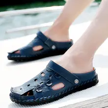 Новинка года; Высококачественная Мужская обувь; сандалии из натуральной кожи; Летняя обувь; мужские сандалии; повседневные пляжные шлепанцы без застежки; мужские шлепанцы