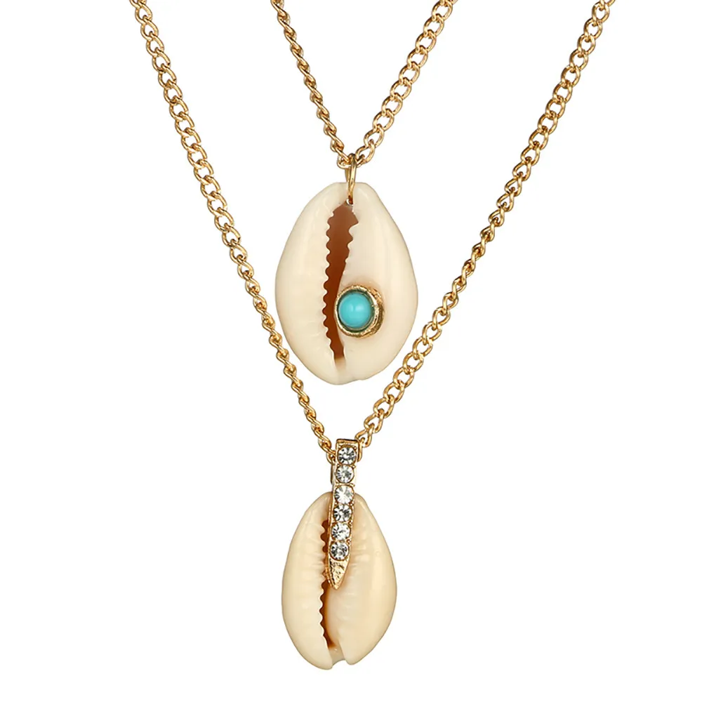 Fashion 1PC Ladies Geometric Stone Shell Conch Necklace Alloy Two layer